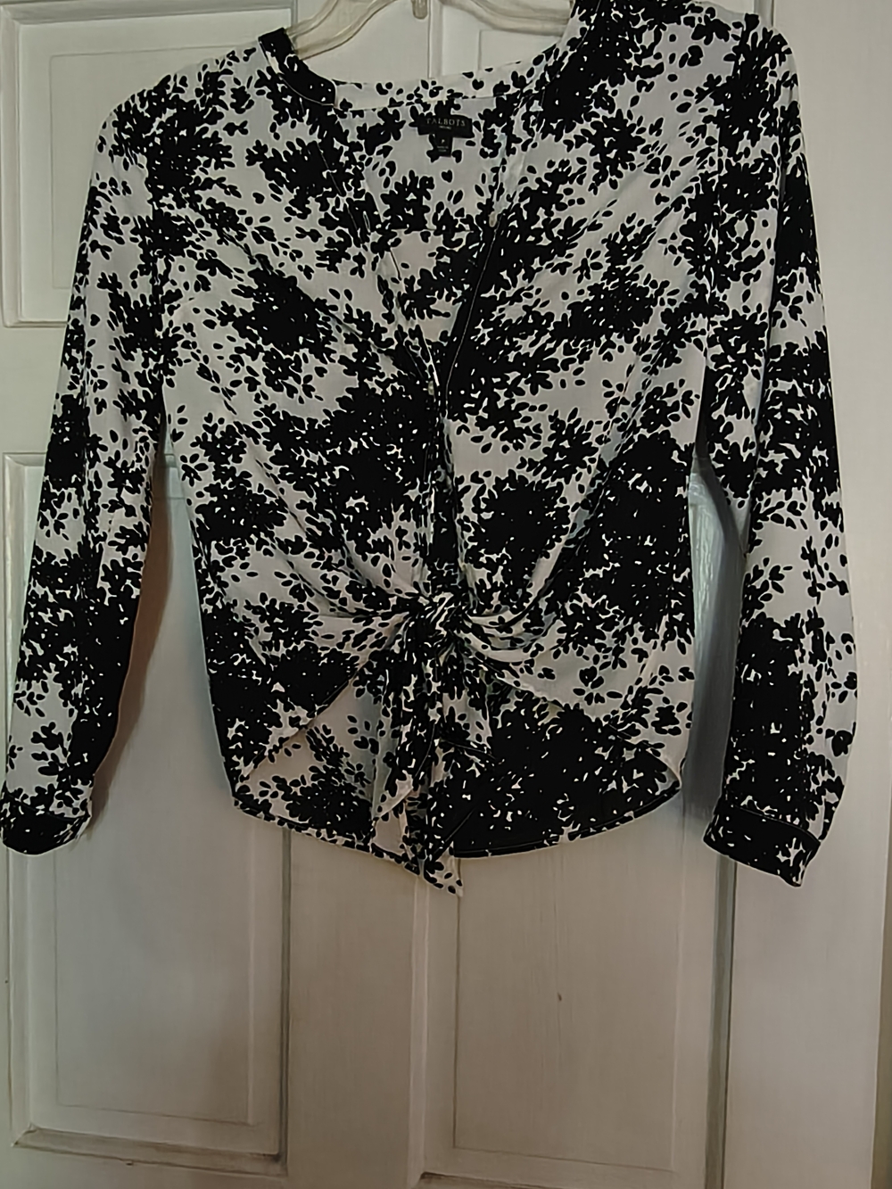 Talbots Black and White Floral Knot-Front Blouse